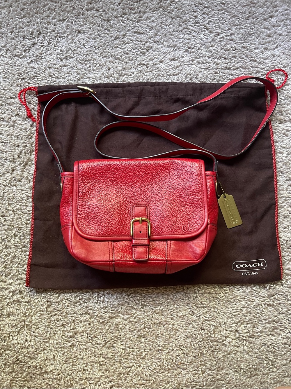 Coach Red Pebbled Leather Buckle-Front Crossbody